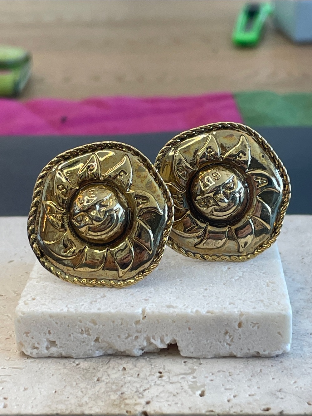 Gold Sun Motif Clip-On Earrings - Polished Gold Tone